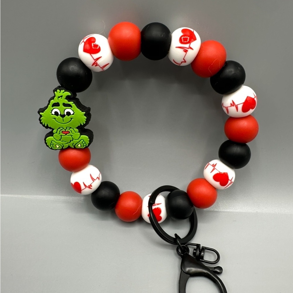 Grinch Heart Hands Free Wristlet, Keychain Accessory, Silicone Beads, Valentine